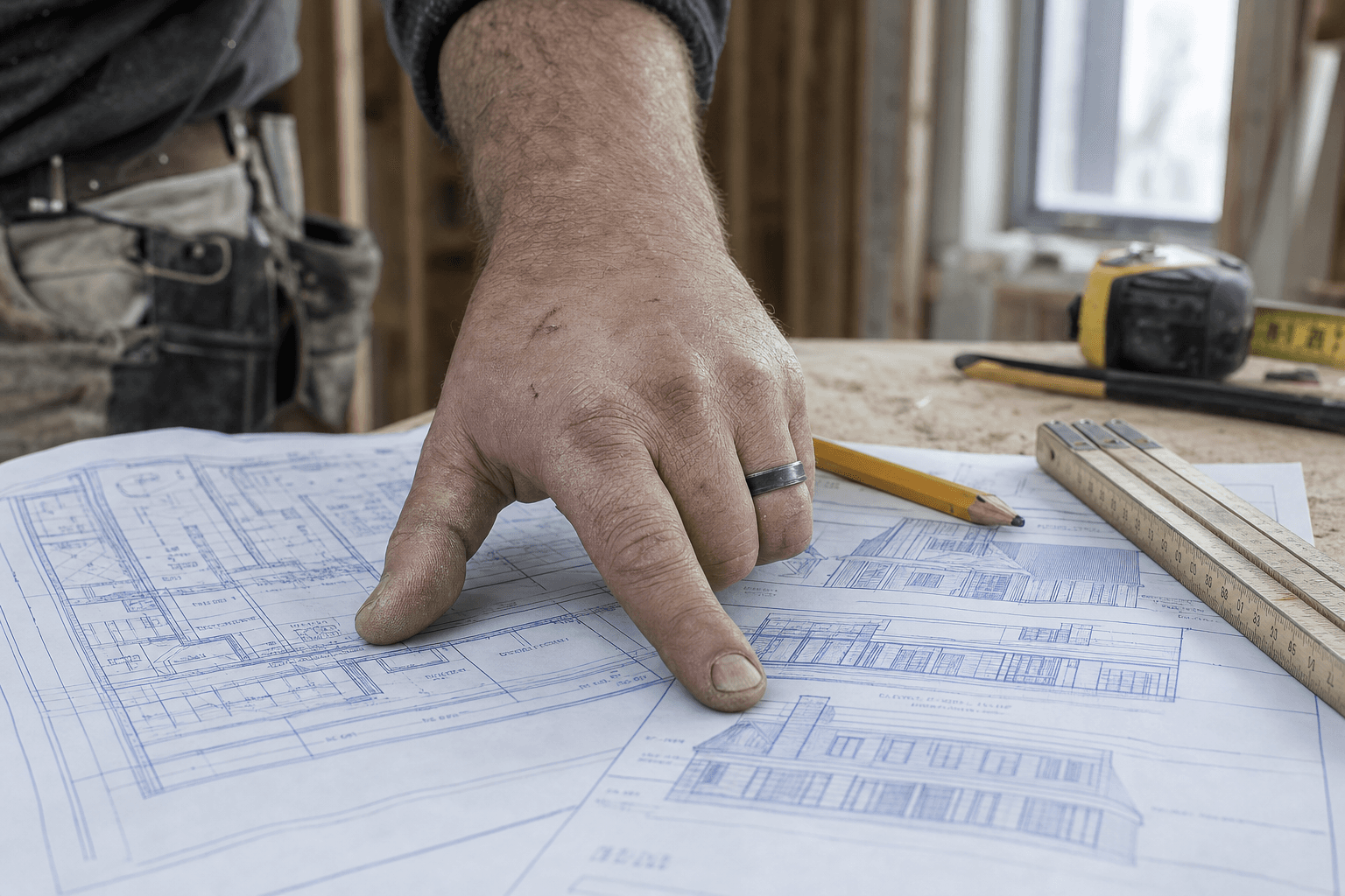 A construction worker's weathered hand tracing details on a residential blueprint at the jobsite.